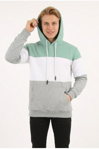 Erkek Üç İplik Şardonlu Kapüşonlu Parçalı Kanguru Cepli Günlük Sweatshirt