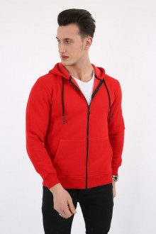 Üç İplik Düz Kapşonlu Fermuarlı Kanguru Cepli Erkek Günlük Sweatshirt