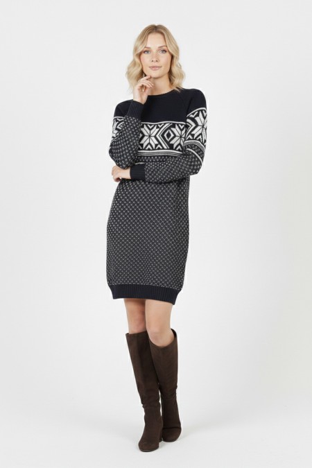  Kadın Lacivert Kar Tanesi Desenli Bisiklet Yaka Raglan Kol Jakarlı Triko Mini Kazak Tunik 