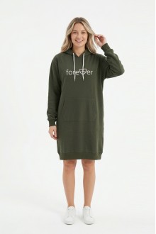 Kadın Haki Forever Baskılı Kapüşonlu Kanguru Cepli Uzun Sweatshirt Tunik Elbise