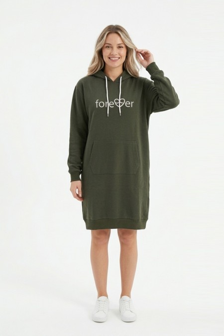Kadın Haki Forever Baskılı Kapüşonlu Kanguru Cepli Uzun Sweatshirt Tunik Elbise