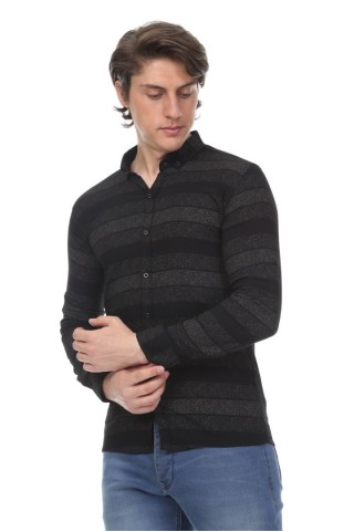 Full Likralı Desenli Siyah Gömlek