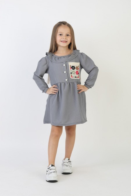 İşlemeli Gofre Kumaş Kız Çocuk Günlük Şık Rahat Ve Trend Elbise