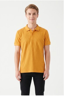 Erkek Kendinden Desenli Polo Yaka Kısa Kollu Slim Fit Dokulu Örme Tişört