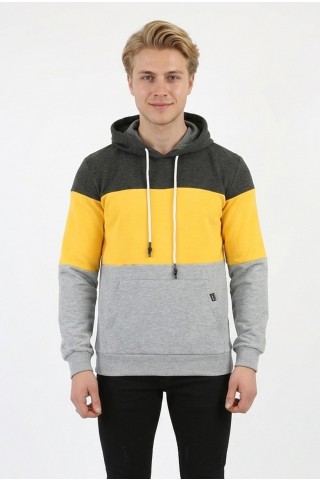 Erkek Üç İplik Şardonlu Kapüşonlu Parçalı Kanguru Cepli Günlük Sweatshirt