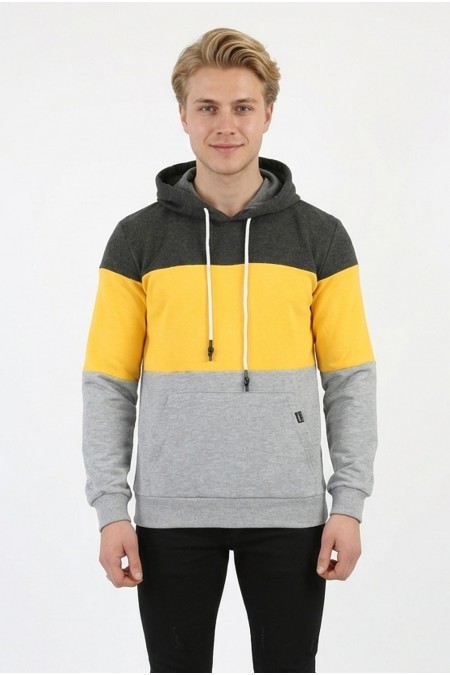Erkek Üç İplik Şardonlu Kapüşonlu Parçalı Kanguru Cepli Günlük Sweatshirt