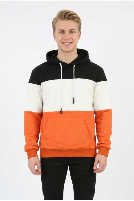 Erkek Üç İplik Şardonlu Kapüşonlu Parçalı Kanguru Cepli Günlük Sweatshirt