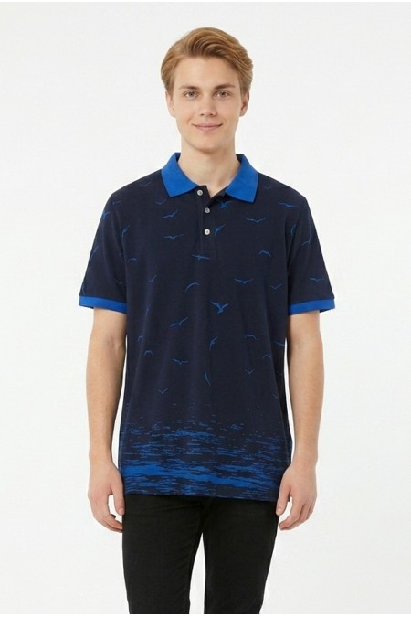 Erkek Martı Desenli Garnili Polo Yaka Kısa Kollu Slim Fit Pamuklu Tişört