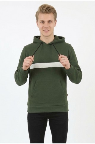 Erkek Üç İplik Kapşonlu Kalın Çizgili Kanguru Cepli Günlük Sweatshirt