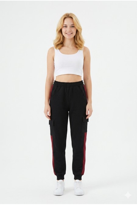 Kadın Şeritli Kargo Cepli Rahat Kesim Lastik Paçalı Günlük Spor Alt Eşofman