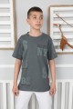  Sıfır Yaka Baskılı %100 Cotton Kumaş Antrasit Tişört
