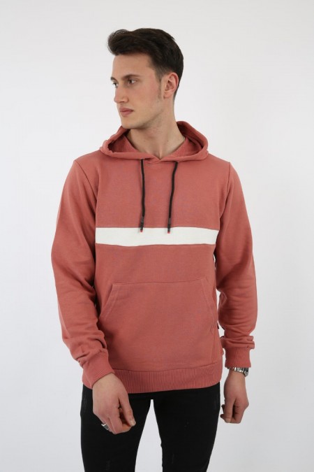 Üç İplik Kapşonlu Kalın Çizgili Kanguru Cepli Erkek Günlük Sweatshirt