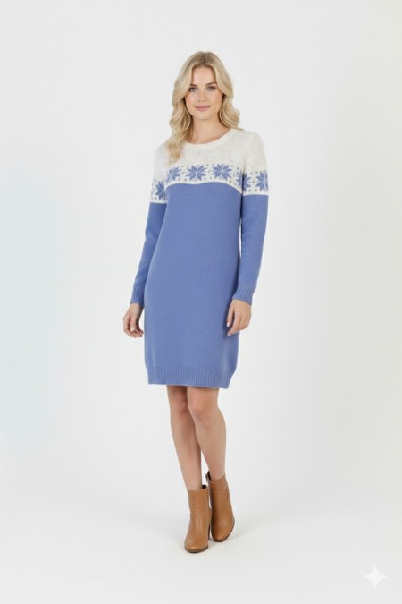 Kadın Mavi Kar Tanesi Desenli Bisiklet Yaka Uzun Kollu Jakarlı Mini Triko Kazak Elbise