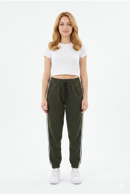 Bayan İki İplik Üç Çizgili Rahat Kesim Lastik Paçalı Cepli Günlük Spor Giyim Alt Eşofman