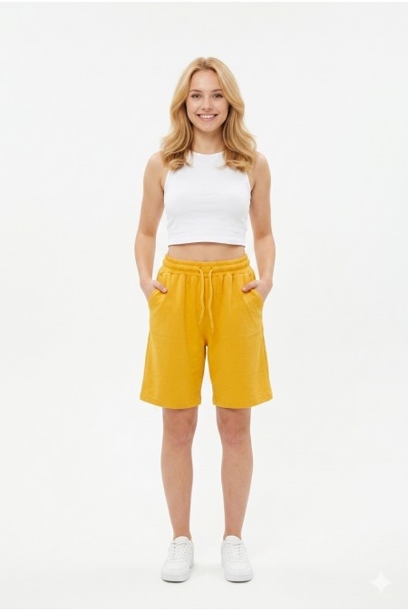 Bayan Yan Cepli Pamuklu Bağcıklı ve Esnek Belli Rahat Günlük Yazlık Penye Şort Kapri