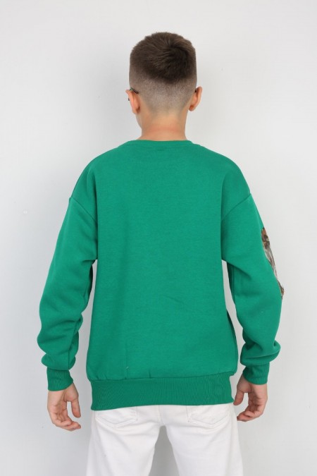 Üç İplik Şardonlu Baskılı Yeşil Sweat