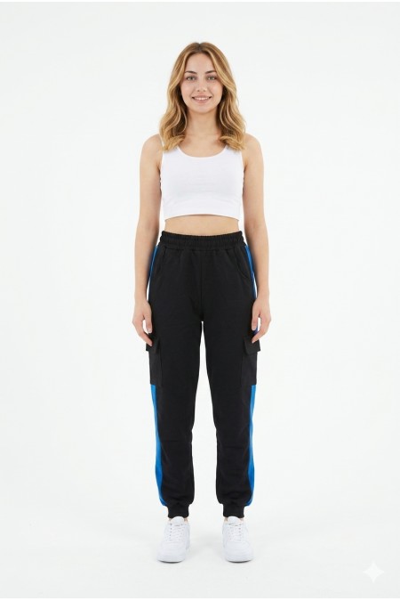 Kadın Şeritli Kargo Cepli Rahat Kesim Lastik Paçalı Günlük Spor Alt Eşofman