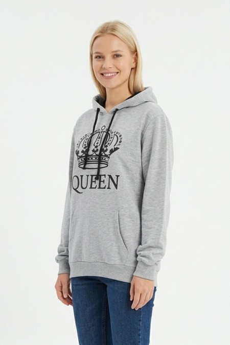 Kadın Gri Queen Yazılı Taç Baskılı Kapüşonlu Kanguru Cepli Sweatshirt