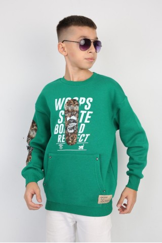 Üç İplik Şardonlu Baskılı Yeşil Sweat