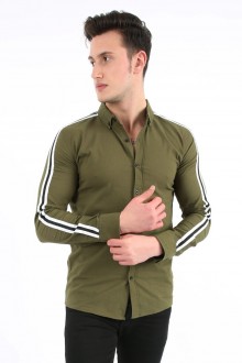 Erkek Slim Fit Kolu Çift Beyaz Şerit Detaylı Uzun Kollu Düğmeli Pamuklu Şık Gömlek