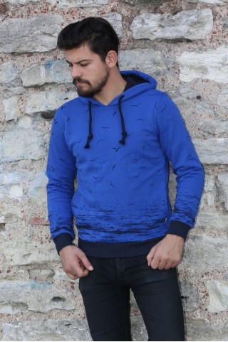 Kapşonlu Martı Desenli Saks Sweat