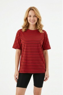 Kadın Yatay Çizgili Bisiklet Yaka Slim Fit Pamuklu Kısa Kollu Yazlık Tişört