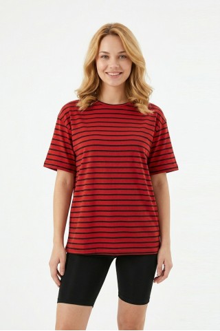 Kadın Yatay Çizgili Bisiklet Yaka Slim Fit Pamuklu Kısa Kollu Yazlık Tişört
