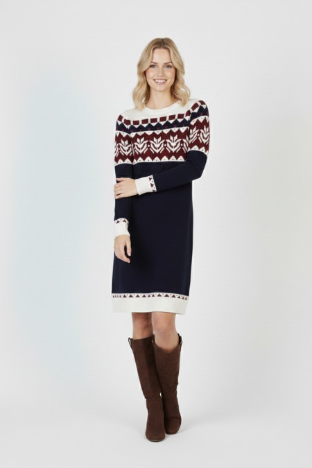 Kadın Lacivert Desenli Bisiklet Yaka Uzun Kollu Jakarlı Triko Kazak Elbise