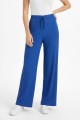Kadın Saks Mavi Yüksek Bel Fitilli Örme Bağcıklı Esnek Likralı Geniş Paça Pantolon