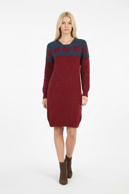 Kadın Bordo Kar Tanesi Desenli Bisiklet Yaka Uzun Kollu Jakarlı Mini Triko Kazak Elbise