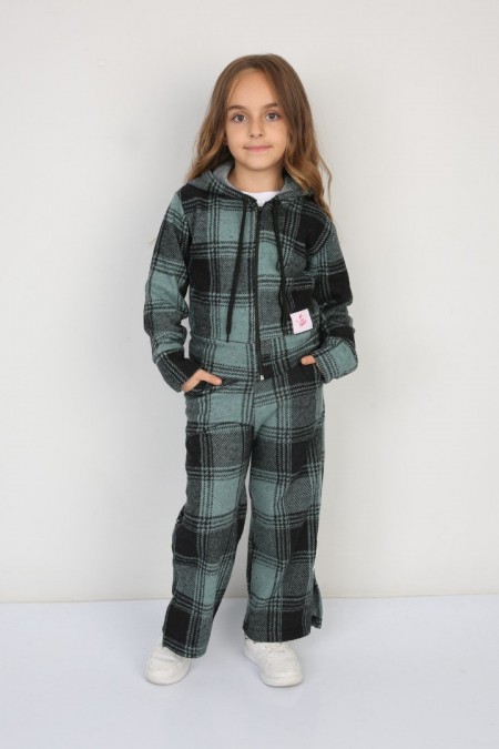 Şardonlu Pamuklu Jakar Kumaş Kareli 3 lü Haki Takım