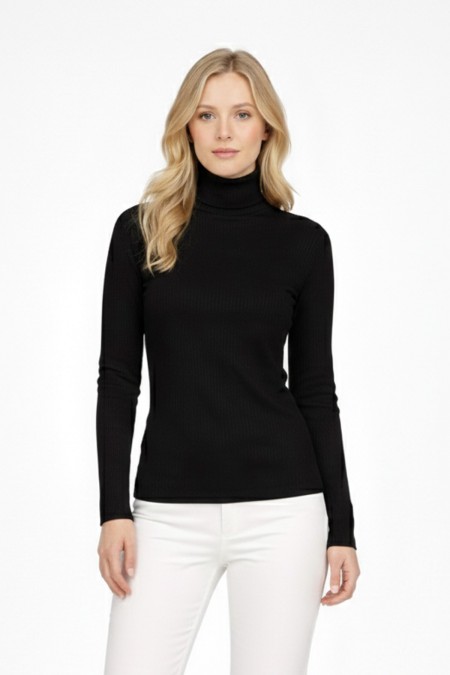 Kadın Siyah Balıkçı Yaka Uzun Kollu Fitilli Slim Fit Şık Günlük Triko Body