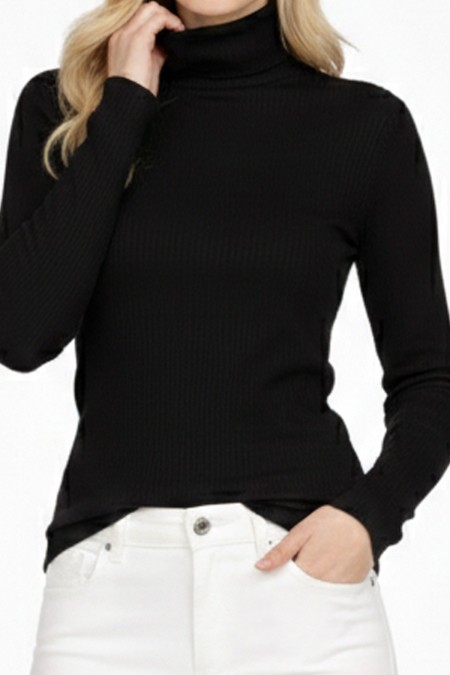 Kadın Siyah Balıkçı Yaka Uzun Kollu Fitilli Slim Fit Şık Günlük Triko Body