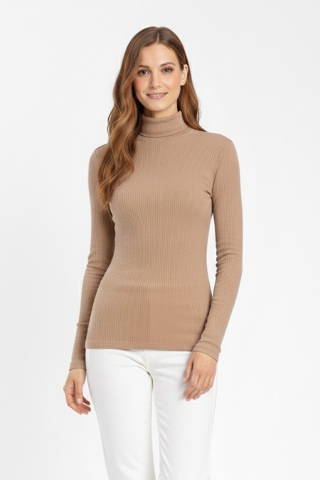 Kadın Kahve Balıkçı Yaka Uzun Kollu Fitilli Slim Fit Şık Günlük Triko Body