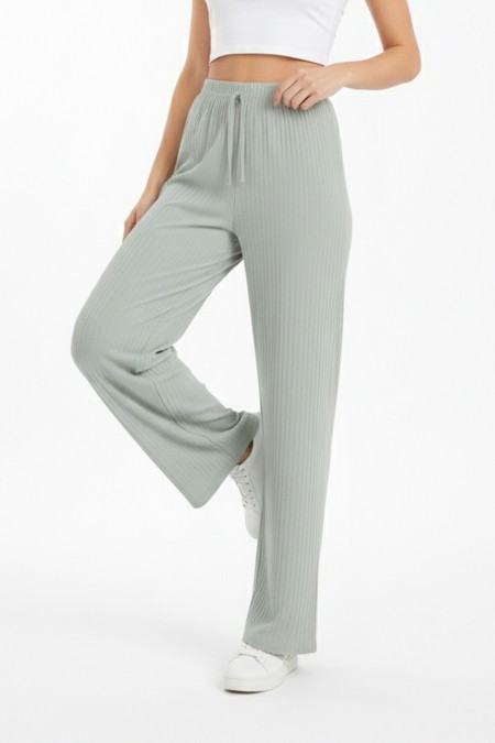 Kadın Mint Yüksek Bel Fitilli Örme Bağcıklı Esnek Likralı Geniş Paça Pantolon