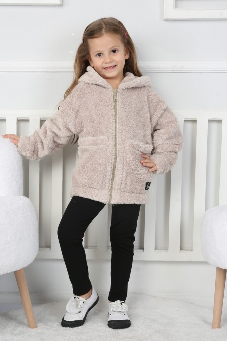 Kapşonlu Cepli Fermuarlı Peluş Hırka