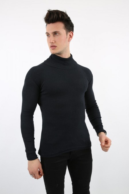 Likralı Boğazlı Lacivert Sweat
