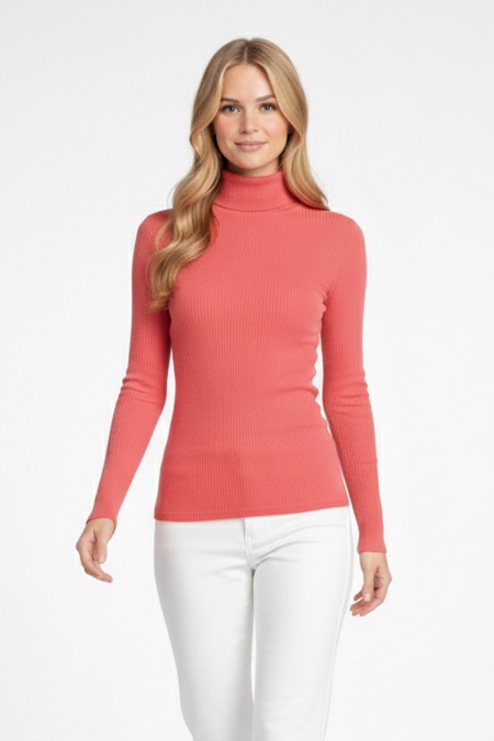 Kadın Pembe Balıkçı Yaka Uzun Kollu Fitilli Slim Fit Şık Günlük Triko Body