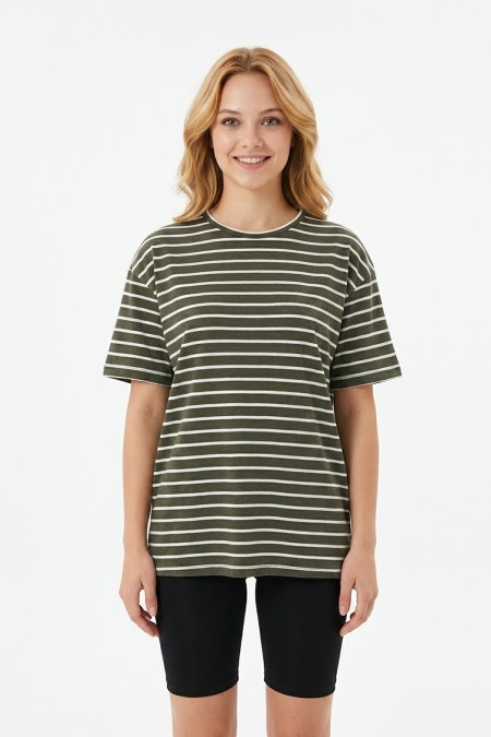 Kadın Yatay Çizgili Bisiklet Yaka Slim Fit Pamuklu Kısa Kollu Yazlık Tişört