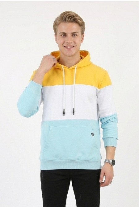 Erkek Üç İplik Şardonlu Kapüşonlu Parçalı Kanguru Cepli Günlük Sweatshirt