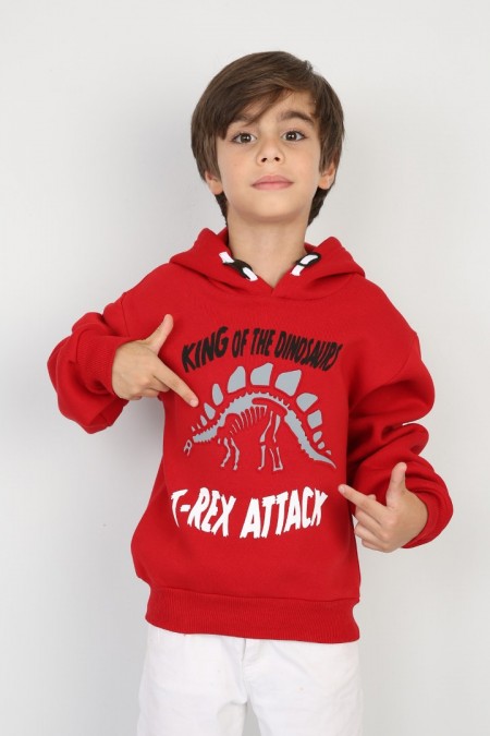 Üç İplik Şardonlu Baskılı Kapşonlu Kırmızı Sweat