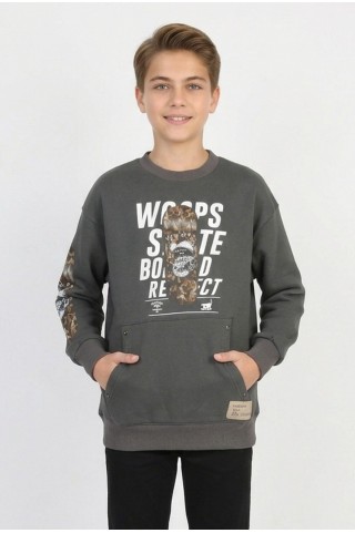 Erkek Çocuk Üç İplik Şardonlu Ön Ve Kol Baskılı Kanguru Cepli  Günlük Sweatshirt