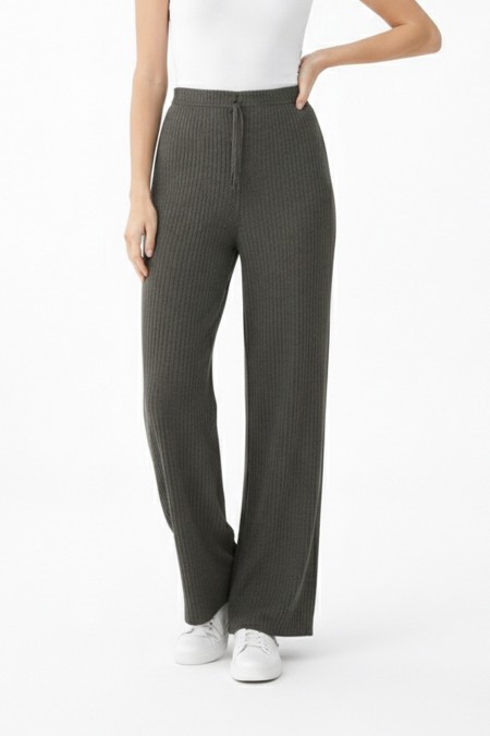 Kadın Haki Yüksek Bel Fitilli Örme Bağcıklı Esnek Likralı Geniş Paça Pantolon
