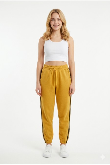 Bayan İki İplik Üç Çizgili Rahat Kesim Lastik Paçalı Cepli Günlük Spor Giyim Alt Eşofman