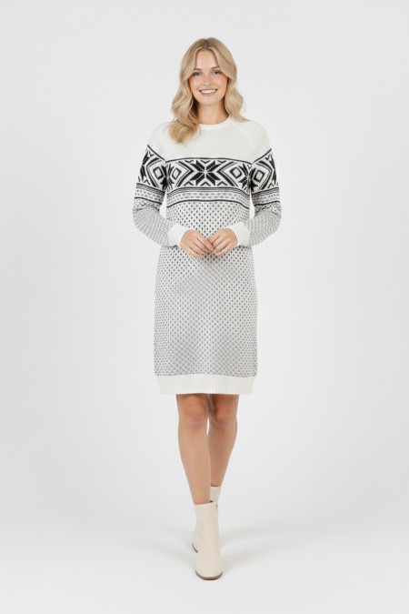  Kadın Beyaz Kar Tanesi Desenli Bisiklet Yaka Raglan Kol Jakarlı Triko Mini Kazak Tunik