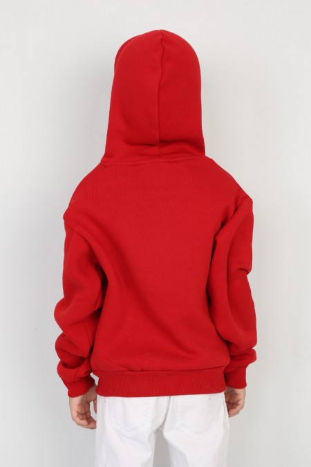Üç İplik Şardonlu Baskılı Kapşonlu Kırmızı Sweat