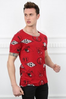 Erkek Karışık Grafik Baskılı Salaş Yaka Pamuklu Kısa Kollu Slim Fit Tişört