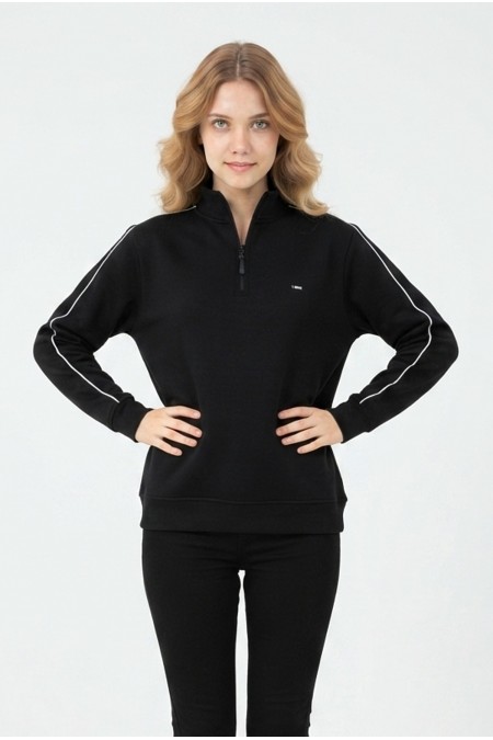 Kadın Yarım Fermuarlı Kolu Tek Çizgili Armalı Günlük Rahat Kesim Sweatshirt