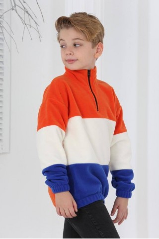 Full Polar Kumaş Yarım Fermuarlı Garnili Turuncu Sweat