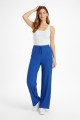 Kadın Saks Mavi Yüksek Bel Fitilli Örme Bağcıklı Esnek Likralı Geniş Paça Pantolon